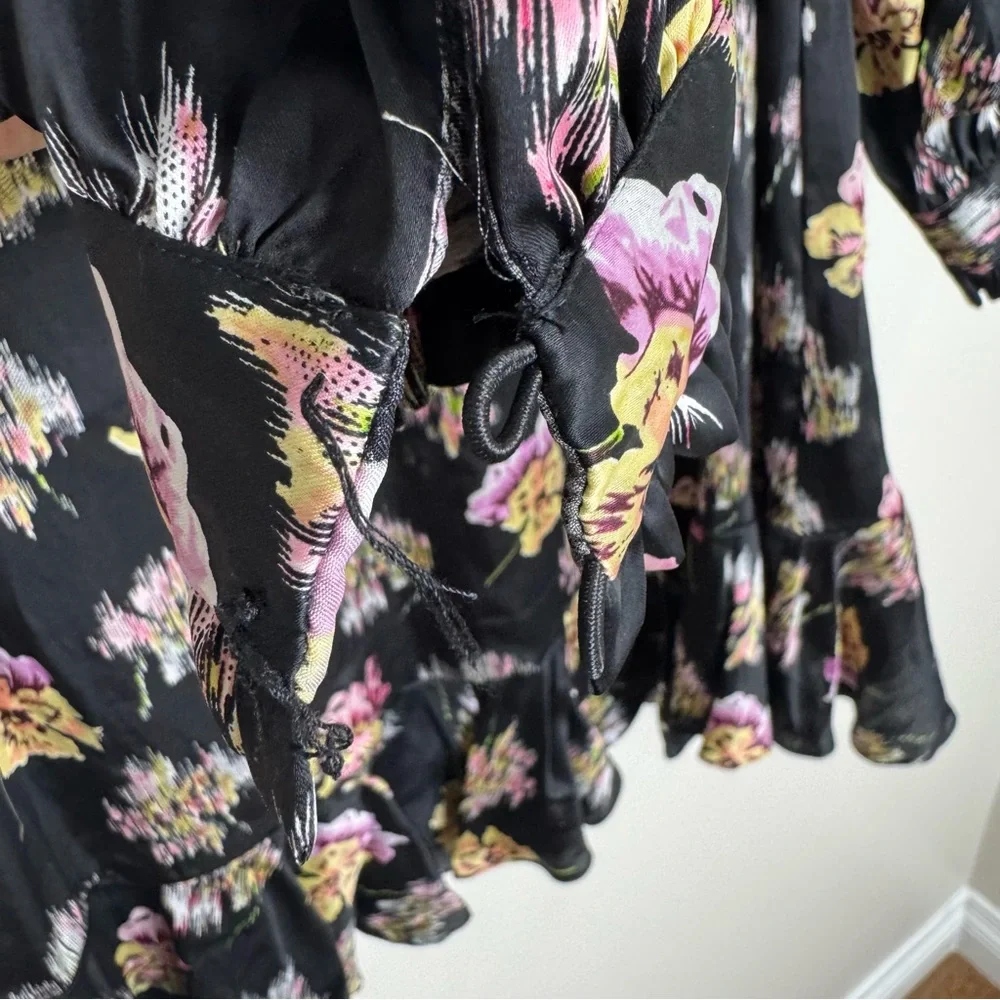 Needle & Thread Black Floral Ruffle Long Sleeve Mini Dress Size 10 Dark Romantic